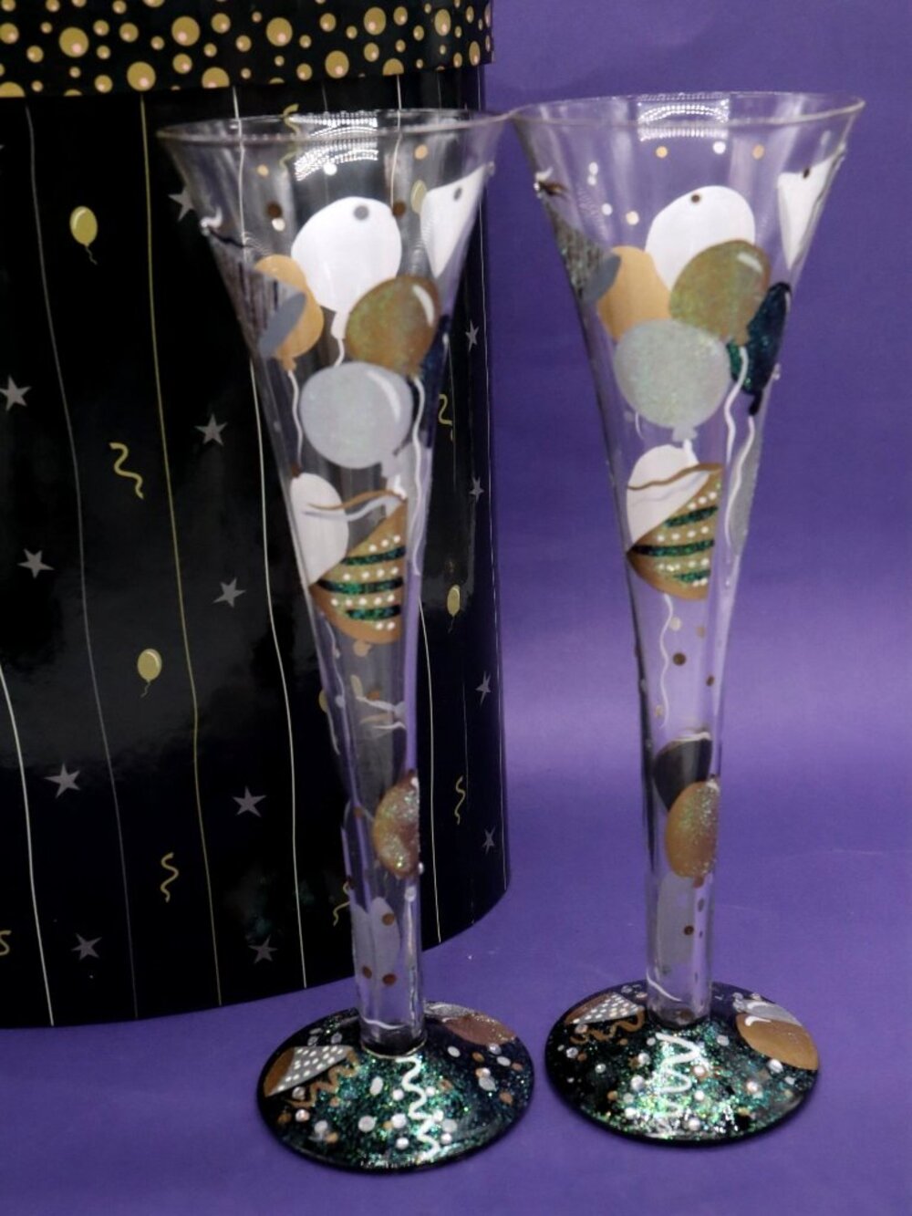 Set of 2 Lolita CELEBRATION Champagne Glass Hand Painted w/Recipe on Bottom New